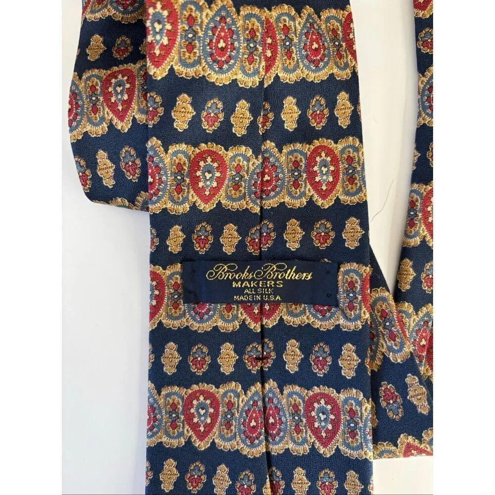Brooks Brothers Makers Silk Medallion Tie Navy Red Gold Made in USA